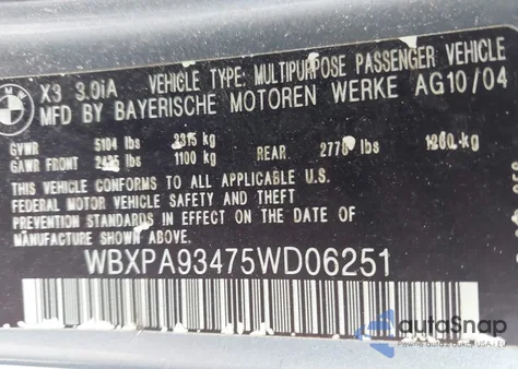 2005 BMW X3 3.0I z USA, uszkodzony, nr VIN WBXPA93475WD06251